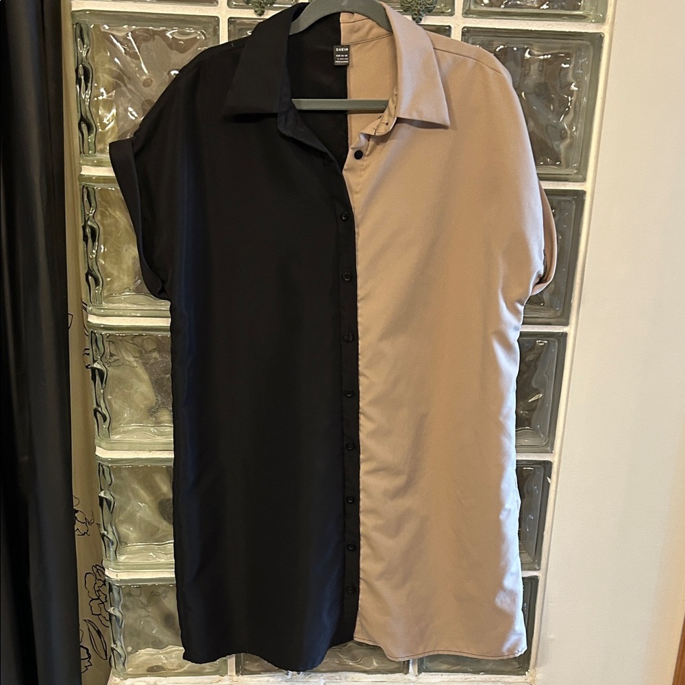 Two-Tone Black and Tan Button Up Dress